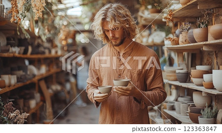 Artisan skillfully shapes clay figurine in bohemian inspired workshop. Soft sunlight streams through as rattan decorations and dried flowers create serene atmosphere for creativity. 123363847