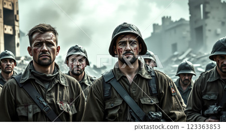 Cinematic of World War II soldiers. Military operation and War Concept. Generative Ai. 123363853
