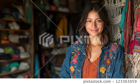 beautifully embroidered denim jacket adorned floral designs is showcased in creative space enhancing artistic atmosphere its intricate details and colorful threads. 123363859