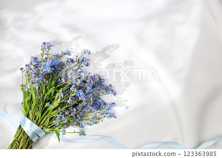 Beautiful spring forget-me-not flowers on a light elegant background, banner. Abstract flower arrangement, still life with space for text, floral holiday card, summer greeting concept, selective focus Beautiful spring forget-me-not flowers on a light elegant background, banner. Abstract flower arrangement, still life with space for text, floral holiday card, summer greeting concept, selective focus 123363985