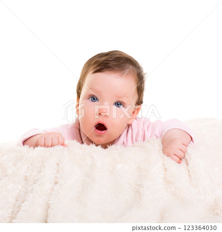 baby girl open mouth funny gesture in pink 123364030