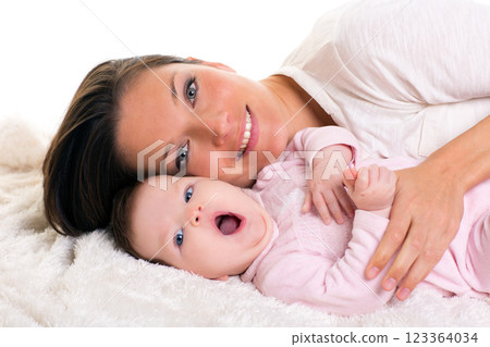 Baby girl yawning open mouth with mother care near 123364034