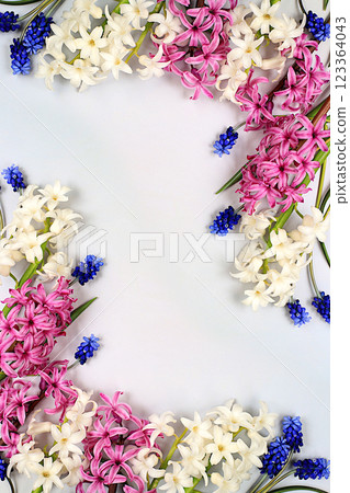 Beautiful spring flowers hyacinths and muscari on a light background, flyer.Abstract floral composition, still life with space for text, floral holiday card, summer greeting concept, selective focus 123364043