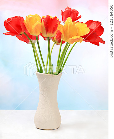 Beautiful spring flowers tulips in a vase on a sunny background, banner. Abstract flower arrangement, still life with space for text, floral holiday card, summer greeting concept, selective focus Beautiful spring flowers tulips in a vase on a sunny background, banner. Abstract flower arrangement, still life with space for text, floral holiday card, summer greeting concept, selective focus 123364050