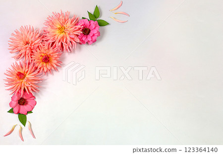 Abstract floral arrangement. Beautiful autumn banner with dahlias, gerberas and asters on light background, holiday card, seasonal still life Hello, autumn , template of seasonal flowers, . 123364140