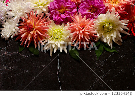 Beautiful autumn banner with dahlias, gerberas and asters on dark marble background,Abstract floral arrangement. holiday card, seasonal still life Hello Autumn , seasonal flowers template, Beautiful autumn banner with dahlias, gerberas and asters on dark marble background,Abstract floral arrangement. holiday card, seasonal still life Hello Autumn , seasonal flowers template, 123364148