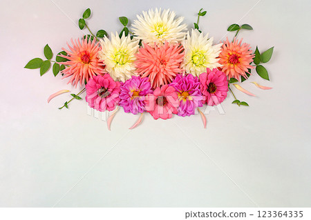 Abstract floral arrangement. Beautiful autumn banner with dahlias, gerberas and asters on light background, holiday card, seasonal still life Hello, autumn , template of seasonal flowers, . 123364335
