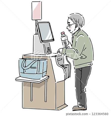 一位老人在自助結帳機上，一臉苦惱 123364560