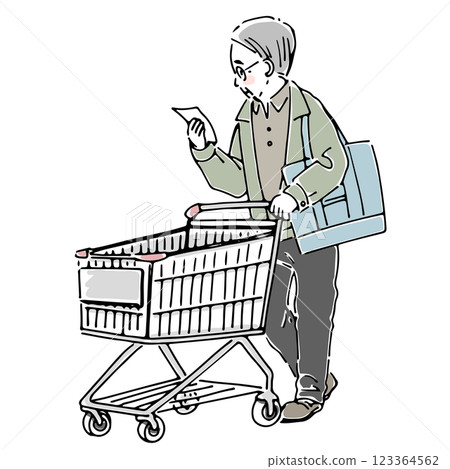 一位老人推著購物車購物 123364562