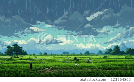 Retro game style natural pixel art background (rainy grass) Generative AI 123364863