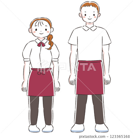 手繪插畫集微笑的男人和女人穿著圍裙 手繪插畫集微笑的男人和女人穿著圍裙 123365168