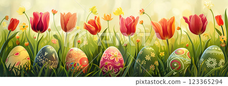 Colorful Easter eggs on a sunny meadow with tulips, banner 123365294