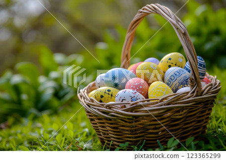Easter Eggs Basket in a garden 123365299
