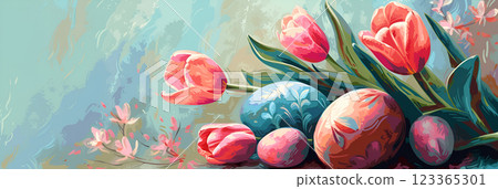 Colorful Easter eggs and flowers on a bright background 123365301