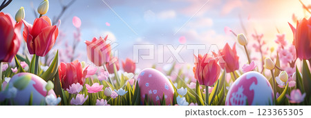 Colorful Easter eggs among meadow flowers on a sunny day 123365305