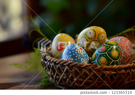 Easter basket filled with hand painted Easter eggs 123365310