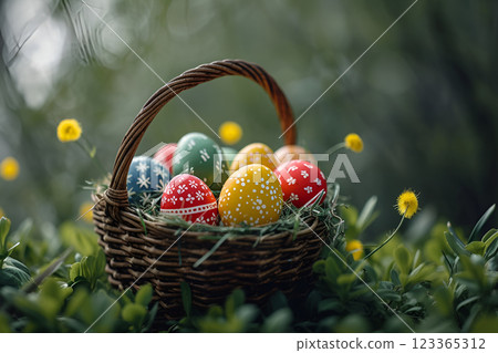 Basket of colorful Easter eggs, copy space 123365312