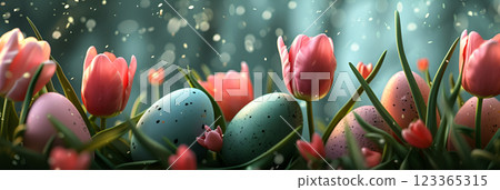 Colorful Easter eggs on a meadow with tulips, banner 123365315