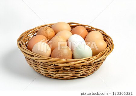 Basket of fresh bio farm eggs, copy space 123365321