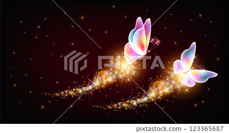 Flying delightful butterflies with sparkle and blazing trail flying in night sky among shiny glowing stars in cosmic space. Love and romance concept. Flying delightful butterflies with sparkle and blazing trail flying in night sky among shiny glowing stars in cosmic space. Love and romance concept. 123365687
