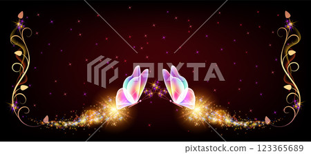 Flying delightful butterflies with sparkle trail flying in night sky among glowing stars in cosmic space.  123365689