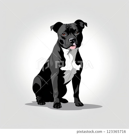 斯塔福德郡鬥牛梗坐著,表現出親切的行為 斯塔福德郡鬥牛梗坐著,表現出親切的行為 123365716