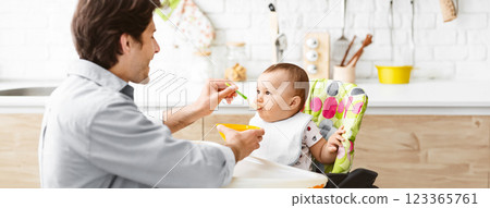 A father sits in a kitchen feeding his baby puree with a spoon. The baby is seated in a highchair with a bright, patterned cushion. The father is smiling as he watches his baby eat. 123365761
