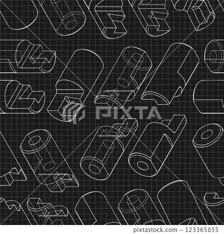 Mechanical engineering drawings on black background. Cutter, assembly tool with replaceable multi-faceted plate. Technical Design. Cover. Blueprint. Vector illustration. Seamless pattern. 123365855