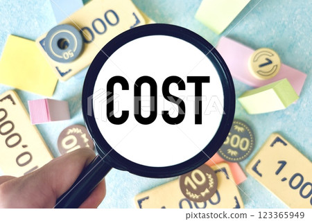Cost word and hand holding magnifying glass Cost word and hand holding magnifying glass 123365949