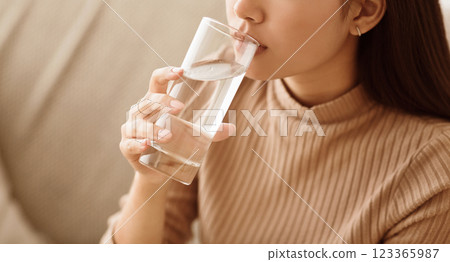 Healthy Liquid. Asian Girl Drinking Clean Water From Glass, Free Space 123365987