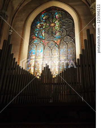 Beautiful stained glass in a church at night 123366211