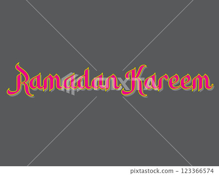 A vibrant graphic featuring the phrase "Ramadan Kareem" in stylized vibrant lettering against a gray background, celebrating the festive occasion of Ramadan. 123366574