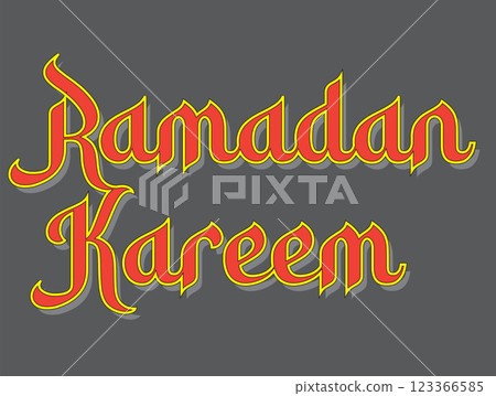 A vibrant graphic featuring the phrase "Ramadan Kareem" in stylized vibrant lettering against a gray background, celebrating the festive occasion of Ramadan. 123366585