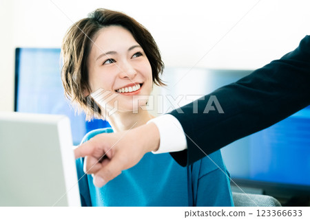 Businesswoman receiving advice from her boss Businesswoman receiving advice from her boss 123366633