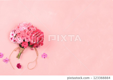 Abstract flower arrangement, still life, spring banner, phlox bouquet with place for text on bright background. Greeting card for mother's day, womens day, valentine's day, happy birthday, wedding, 123366664