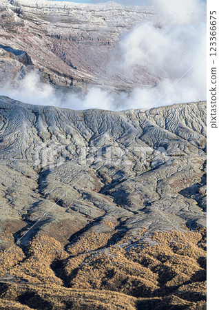 Mt. Aso in winter, emitting smoke; volcanic landscape Mt. Aso in winter, emitting smoke; volcanic landscape 123366675
