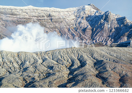 Mt. Aso in winter, emitting smoke; volcanic landscape 123366682