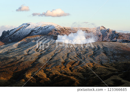 Mt. Aso in winter, emitting smoke; volcanic landscape Mt. Aso in winter, emitting smoke; volcanic landscape 123366685