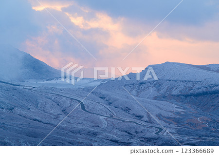 Mt. Aso in winter, emitting smoke; volcanic landscape 123366689
