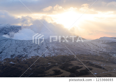 Mt. Aso in winter, emitting smoke; volcanic landscape 123366693