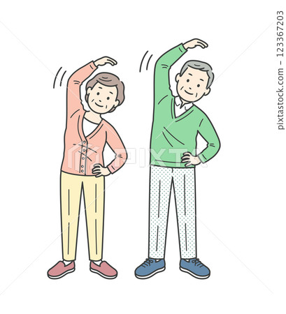 Illustration set of elderly men and women doing stretches to stretch their flanks 123367203