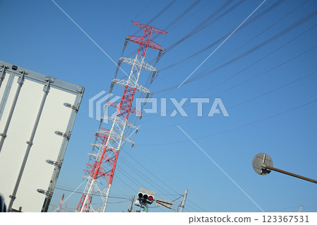 Clear skies and high voltage lines 123367531