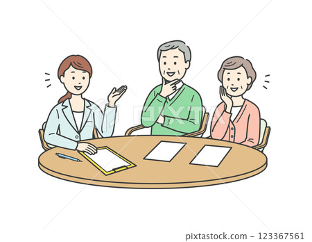 Elderly man and woman receiving explanation from care manager woman illustration (color 123367561