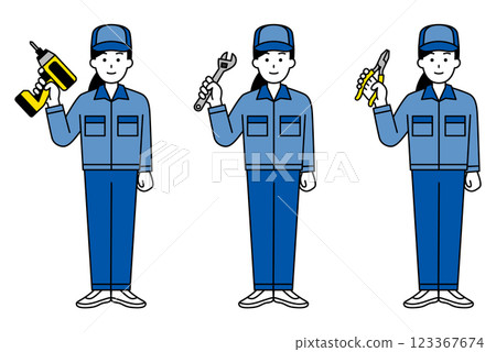 Set of women in overalls holding tools (full body) 123367674