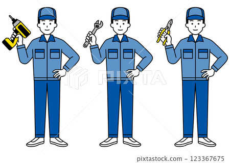 Set of men in overalls holding tools (full body) 123367675