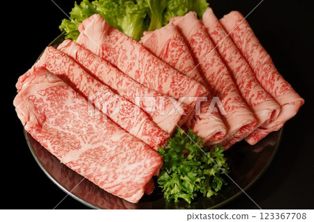 Sliced lean black beef for sukiyaki Sliced lean black beef for sukiyaki 123367708