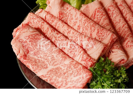 Sliced lean black beef for sukiyaki Sliced lean black beef for sukiyaki 123367709