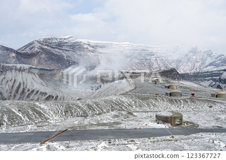 Mt. Aso in winter, emitting smoke from the first crater of Mt. Aso Nakadake Mt. Aso in winter, emitting smoke from the first crater of Mt. Aso Nakadake 123367727