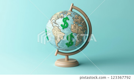 3D Minimalist Rendering of a Financial Globe with Dollar Signs on an Attractive Background 123367792