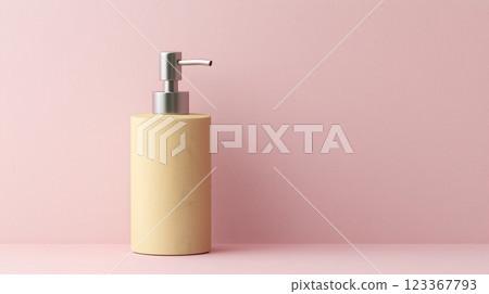 Elegant Minimalist 3D Rendering of Refillable Ceramic Soap Dispenser Against Soft Pink Background 123367793